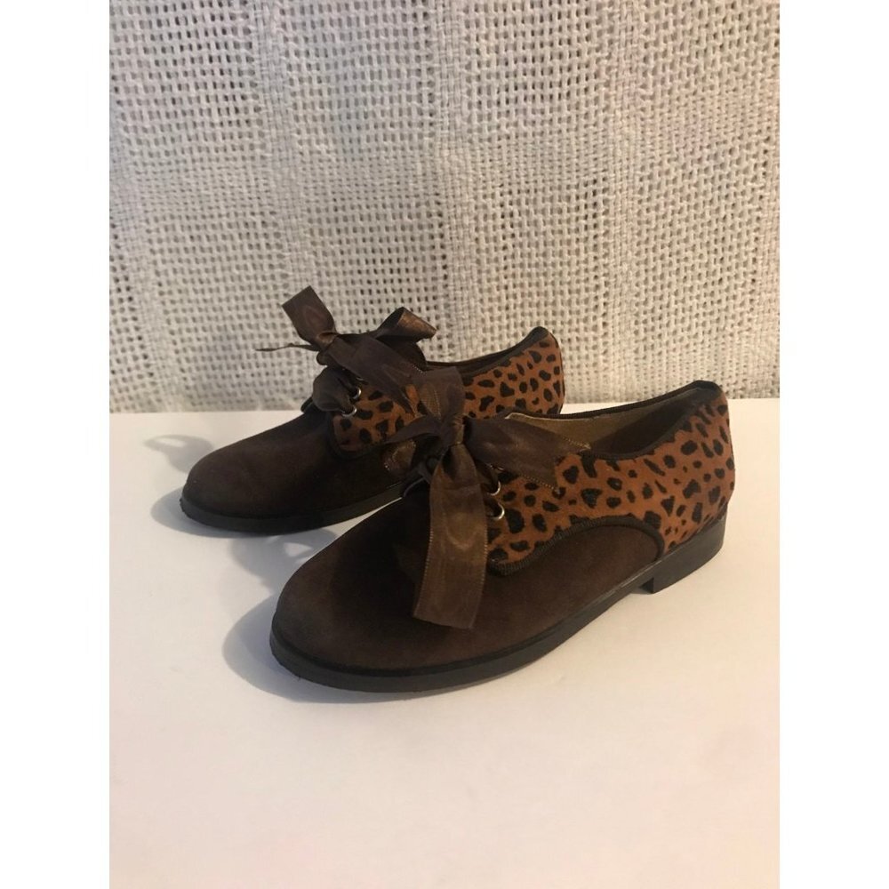Baci Kids Leopard Print Suede Ribbon Lace Oxfords Brown Size 27 us 10 girls